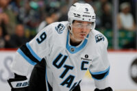 Dec 23, 2025; Denver, Colorado, USA; Utah Mammoth right wing Clayton Keller (9) in the third period against the Colorado Avalanche at Ball Arena. Mandatory Credit: Isaiah J. Downing-Imagn Images