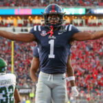 Dec 20, 2025; Oxford, MS, USA; Mississippi Rebels wide receiver De'Zhaun Stribling (1) reacts after a catch for a touchdown during the third quarter against the Tulane Green Wave at Vaught-Hemingway Stadium.