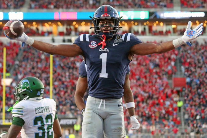 Dec 20, 2025; Oxford, MS, USA; Mississippi Rebels wide receiver De'Zhaun Stribling (1) reacts after a catch for a touchdown during the third quarter against the Tulane Green Wave at Vaught-Hemingway Stadium.