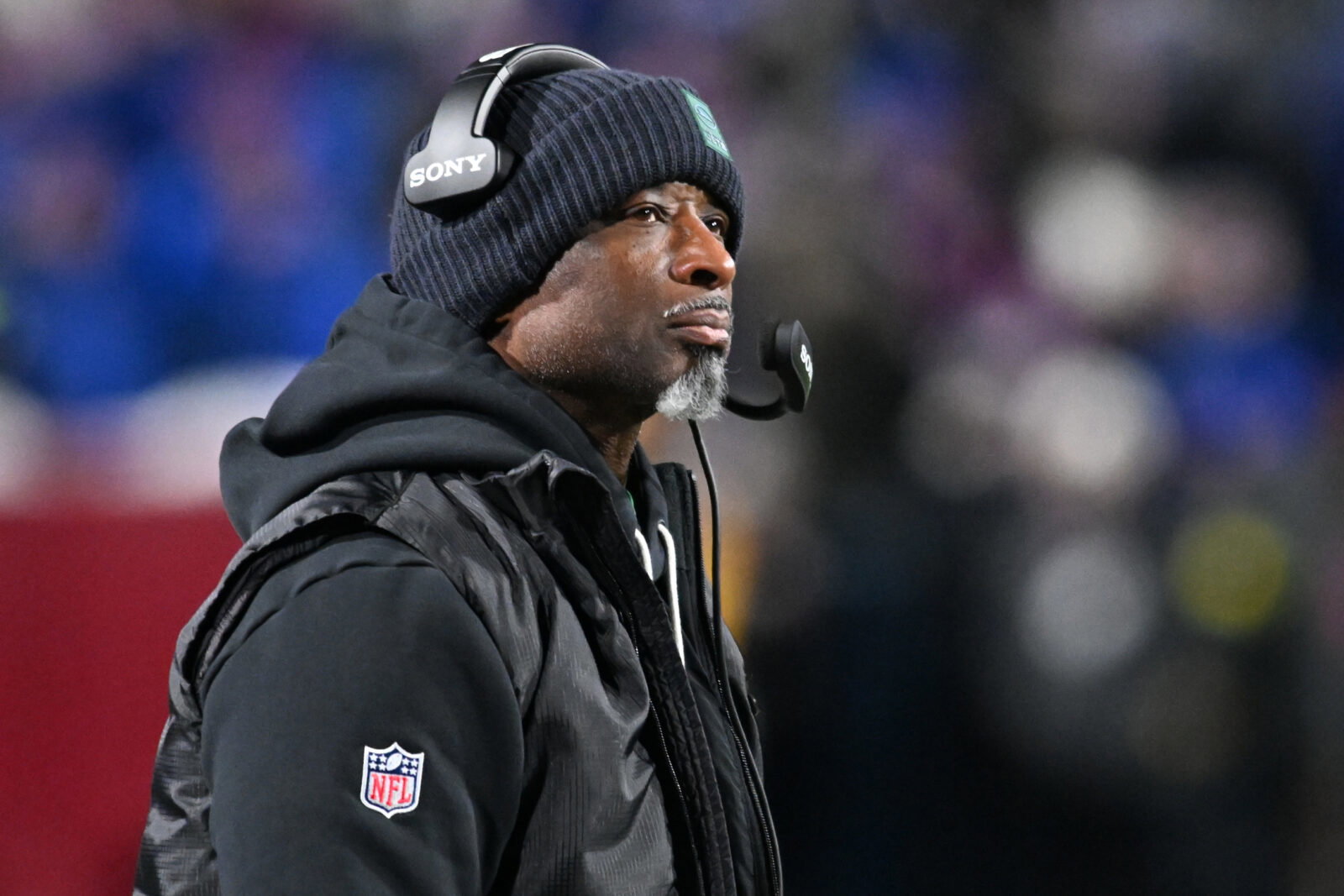 Jan 4, 2026; Orchard Park, New York, USA; New York Jets head coach Aaron Glenn looks on during the second half against the Buffalo Bills at Highmark Stadium. Mandatory Credit: Mark Konezny-Imagn Images