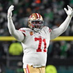 Jan 11, 2026; Philadelphia, PA, USA; San Francisco 49ers offensive tackle Trent Williams (71) celebrates win against the Philadelphia Eagles in an NFC Wild Card Round game at Lincoln Financial Field. Mandatory Credit: Eric Hartline-Imagn Images