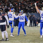 Jan 18, 2026; Chicago, IL, USA; Los Angeles Rams placekicker Harrison Mevis (92) reacts with punter Ethan Evans (42) and tight end Davis Allen (87) after kicking the game-winning forty-two yard field goal against the Chicago Bears during overtime of an NFC Divisional Round game at Soldier Field. Mandatory Credit: Matt Marton-Imagn Images