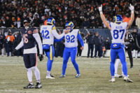 Jan 18, 2026; Chicago, IL, USA; Los Angeles Rams placekicker Harrison Mevis (92) reacts with punter Ethan Evans (42) and tight end Davis Allen (87) after kicking the game-winning forty-two yard field goal against the Chicago Bears during overtime of an NFC Divisional Round game at Soldier Field. Mandatory Credit: Matt Marton-Imagn Images