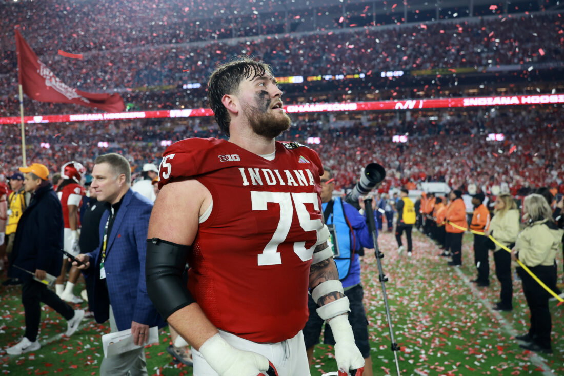 Jan 19, 2026; Miami Gardens, FL, USA; Indiana Hoosiers offensive lineman Zen Michalski (75) reacts after the College Football Playoff National Championship game at Hard Rock Stadium.