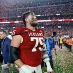 Jan 19, 2026; Miami Gardens, FL, USA; Indiana Hoosiers offensive lineman Zen Michalski (75) reacts after the College Football Playoff National Championship game at Hard Rock Stadium.