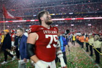 Jan 19, 2026; Miami Gardens, FL, USA; Indiana Hoosiers offensive lineman Zen Michalski (75) reacts after the College Football Playoff National Championship game at Hard Rock Stadium.