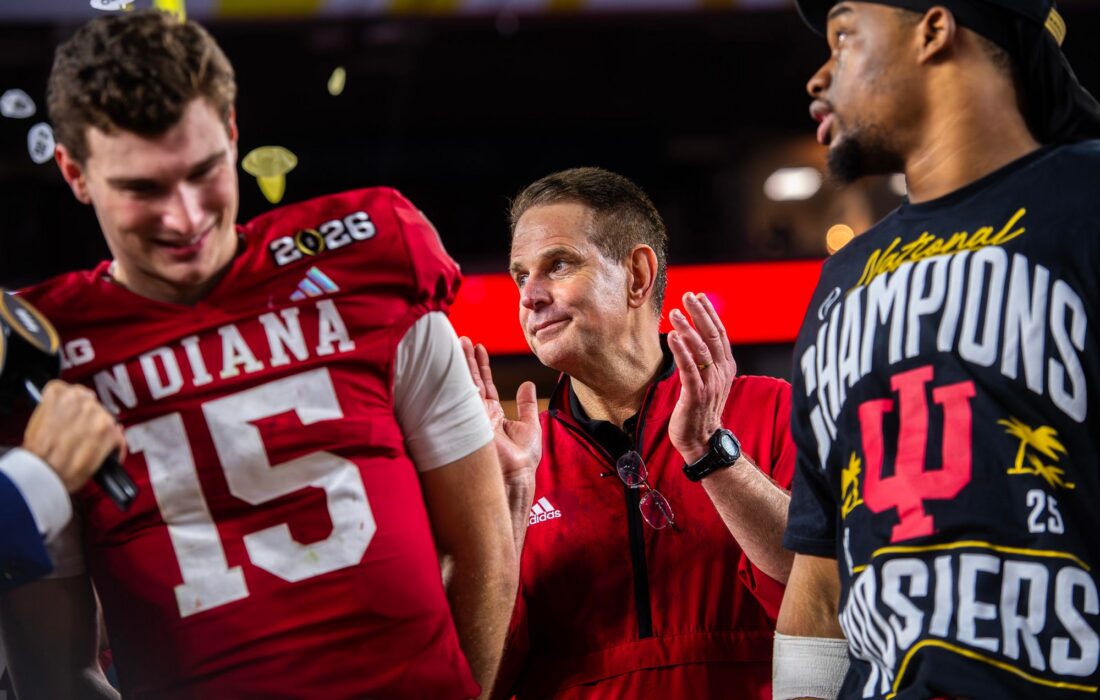 Indiana Head Coach Curt Cignetti claps on the podium after the College Football Playoff National Championship college football game at Hard Rock Stadium in Miami Gardens on Monday, Jan. 19, 2026.
