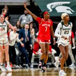 Maryland's Oluchi Okananwa, center, celebrates her 3-pointer against Michigan State during the third quarter on Wednesday, Feb. 4, 2026, at the Breslin Center in East Lansing.