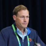 Feb 24, 2026; Indianapolis, IN, USA; Chicago Bears coach Ben Johnson speaks at the NFL Scouting Combine at the Indiana Convention Center. Mandatory Credit: Kirby Lee-Imagn Images
