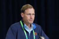 Feb 24, 2026; Indianapolis, IN, USA; Chicago Bears coach Ben Johnson speaks at the NFL Scouting Combine at the Indiana Convention Center. Mandatory Credit: Kirby Lee-Imagn Images