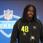 Feb 25, 2026; Indianapolis, IN, USA; UCF defensive lineman Malachi Lawrence (DL48) speaks during the NFL Scouting Combine at the Indiana Convention Center. Mandatory Credit: Kirby Lee-Imagn Images