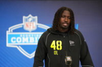 Feb 25, 2026; Indianapolis, IN, USA; UCF defensive lineman Malachi Lawrence (DL48) speaks during the NFL Scouting Combine at the Indiana Convention Center. Mandatory Credit: Kirby Lee-Imagn Images