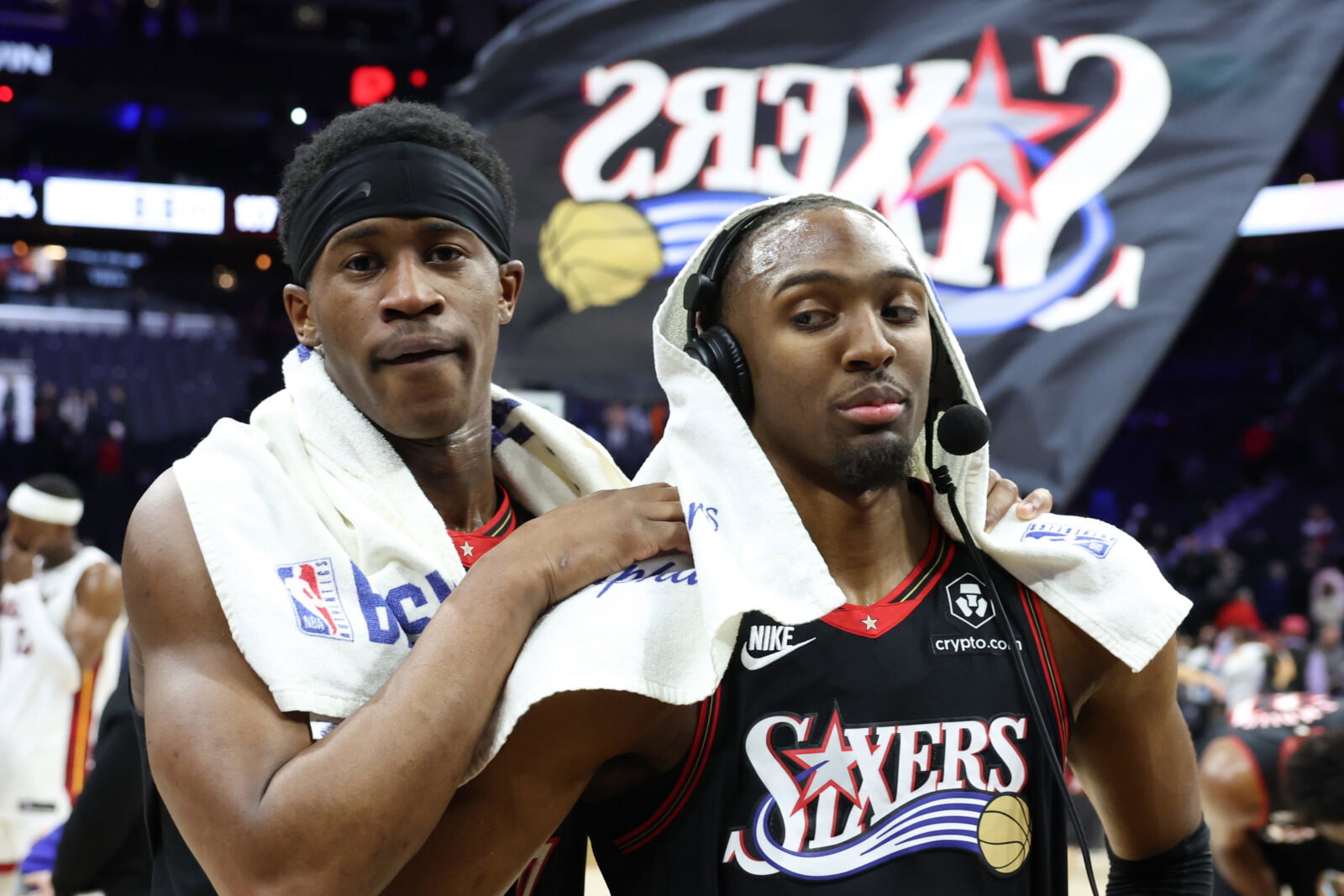 Feb 26, 2026; Philadelphia, Pennsylvania, USA; Philadelphia 76ers guard Tyrese Maxey (R) and guard Vj Edgecombe (L) react after a victory against the Miami Heat at Xfinity Mobile Arena. Mandatory Credit: Bill Streicher-Imagn Images