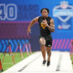 Feb 28, 2026; Indianapolis, IN, USA; UConn wideout Skyler Bell (WO05) during the NFL Scouting Combine at Lucas Oil Stadium. Mandatory Credit: Kirby Lee-Imagn Images