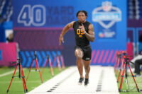 Feb 28, 2026; Indianapolis, IN, USA; UConn wideout Skyler Bell (WO05) during the NFL Scouting Combine at Lucas Oil Stadium. Mandatory Credit: Kirby Lee-Imagn Images