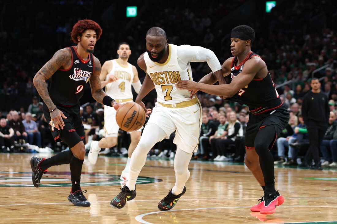 Mar 1, 2026; Boston, Massachusetts, USA; Boston Celtics forward Jaylen Brown (7) drives to the basket during the second half against the Philadelphia 76ers at TD Garden. Mandatory Credit: