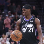 Mar 19, 2026; Salt Lake City, Utah, USA; Utah Jazz guard Bez Mbeng (21) dribbles as the clock runs out to end the game against the Milwaukee Bucks at Delta Center. Mandatory Credit: Rob Gray-Imagn Images