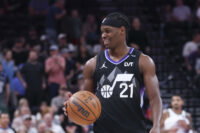 Mar 19, 2026; Salt Lake City, Utah, USA; Utah Jazz guard Bez Mbeng (21) dribbles as the clock runs out to end the game against the Milwaukee Bucks at Delta Center. Mandatory Credit: Rob Gray-Imagn Images