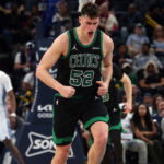 Mar 20, 2026; Memphis, Tennessee, USA; Boston Celtics center Luka Garza (52) reacts during the fourth quarter against the Memphis Grizzlies at FedExForum. Mandatory Credit: Petre Thomas-Imagn Images