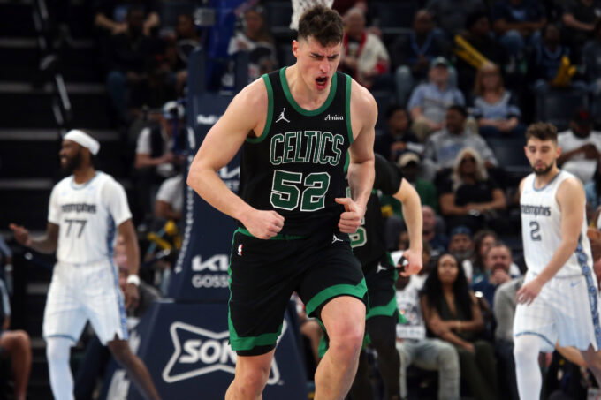 Mar 20, 2026; Memphis, Tennessee, USA; Boston Celtics center Luka Garza (52) reacts during the fourth quarter against the Memphis Grizzlies at FedExForum. Mandatory Credit: Petre Thomas-Imagn Images