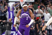 Mar 25, 2026; Salt Lake City, Utah, USA; Utah Jazz forward Blake Hinson (2) celebrates after scoring a three point basket and getting fouled during the second half against the Washington Wizards at Delta Center. Mandatory Credit: Chris Nicoll-Imagn Images