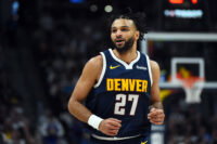 Mar 27, 2026; Denver, Colorado, USA; Denver Nuggets guard Jamal Murray (27) after making a three-pointer during the first half against the Utah Jazz at Ball Arena.