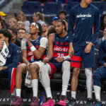 Mar 27, 2026; San Francisco, California, USA; Washington Wizards center Alex Sarr (20) on the bench after fouling out against the Golden State Warriors during the third quarter at Chase Center.