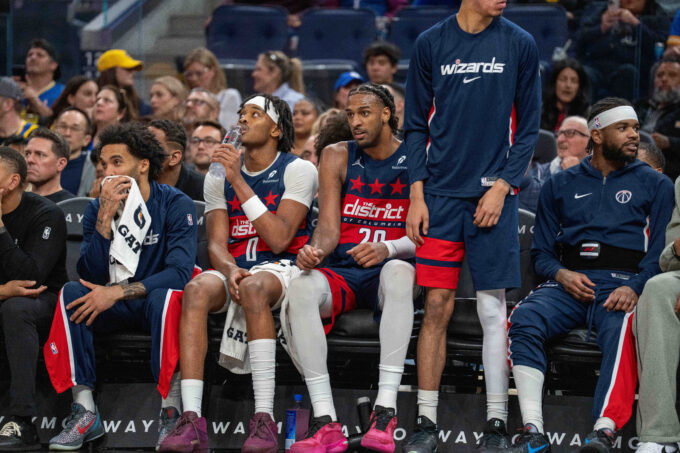 Mar 27, 2026; San Francisco, California, USA; Washington Wizards center Alex Sarr (20) on the bench after fouling out against the Golden State Warriors during the third quarter at Chase Center.
