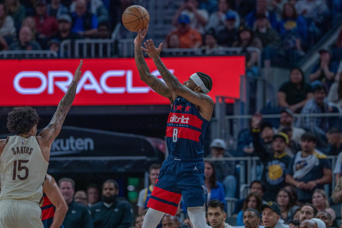 Mar 27, 2026; San Francisco, California, USA; Washington Wizards guard Jaden Hardy (8) makes a three point basket against the Golden State Warriors during the fourth quarter at Chase Center. Mandatory Credit: Neville E. Guard-Imagn Images