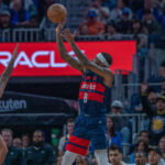 Mar 27, 2026; San Francisco, California, USA; Washington Wizards guard Jaden Hardy (8) makes a three point basket against the Golden State Warriors during the fourth quarter at Chase Center. Mandatory Credit: Neville E. Guard-Imagn Images