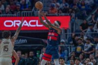 Mar 27, 2026; San Francisco, California, USA; Washington Wizards guard Jaden Hardy (8) makes a three point basket against the Golden State Warriors during the fourth quarter at Chase Center. Mandatory Credit: Neville E. Guard-Imagn Images