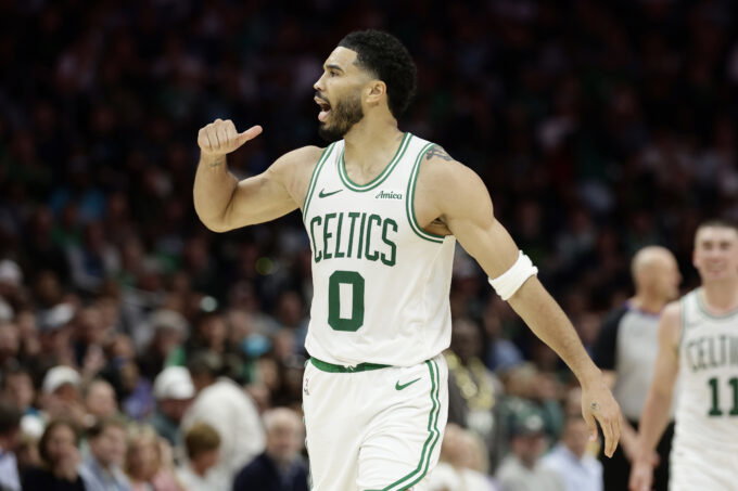 Mar 29, 2026; Charlotte, North Carolina, USA; Boston Celtics forward/guard Jayson Tatum (0) reacts to the crowd after making a basket during the second half against the Charlotte Hornets at Spectrum Center. Mandatory Credit: Brian Westerholt-Imagn Images