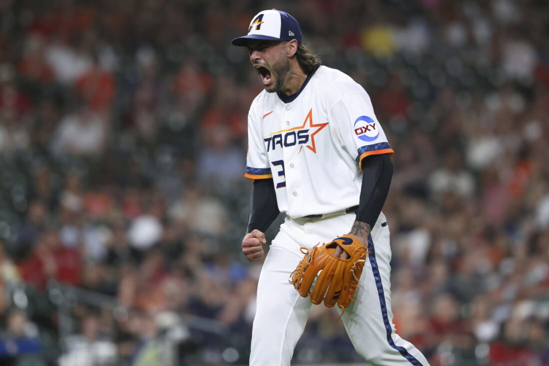 Mar 30, 2026; Houston, Texas, USA; Houston Astros starting pitcher Lance McCullers Jr. (43) reacts after a play during the fifth inning against the Boston Red Sox at Daikin Park. Mandatory Credit: Troy Taormina-Imagn Images