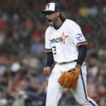 Mar 30, 2026; Houston, Texas, USA; Houston Astros starting pitcher Lance McCullers Jr. (43) reacts after a play during the fifth inning against the Boston Red Sox at Daikin Park. Mandatory Credit: Troy Taormina-Imagn Images