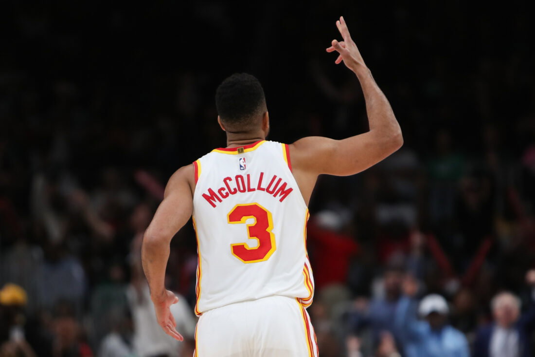 Mar 30, 2026; Atlanta, Georgia, USA; Atlanta Hawks guard CJ McCollum (3) reacts against the Boston Celtics in the second half at State Farm Arena. Mandatory Credit: Mady Mertens-Imagn Images