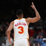 Mar 30, 2026; Atlanta, Georgia, USA; Atlanta Hawks guard CJ McCollum (3) reacts against the Boston Celtics in the second half at State Farm Arena. Mandatory Credit: Mady Mertens-Imagn Images