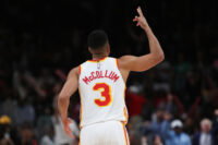 Mar 30, 2026; Atlanta, Georgia, USA; Atlanta Hawks guard CJ McCollum (3) reacts against the Boston Celtics in the second half at State Farm Arena. Mandatory Credit: Mady Mertens-Imagn Images