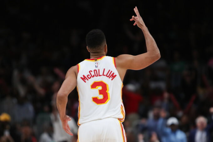 Mar 30, 2026; Atlanta, Georgia, USA; Atlanta Hawks guard CJ McCollum (3) reacts against the Boston Celtics in the second half at State Farm Arena. Mandatory Credit: Mady Mertens-Imagn Images