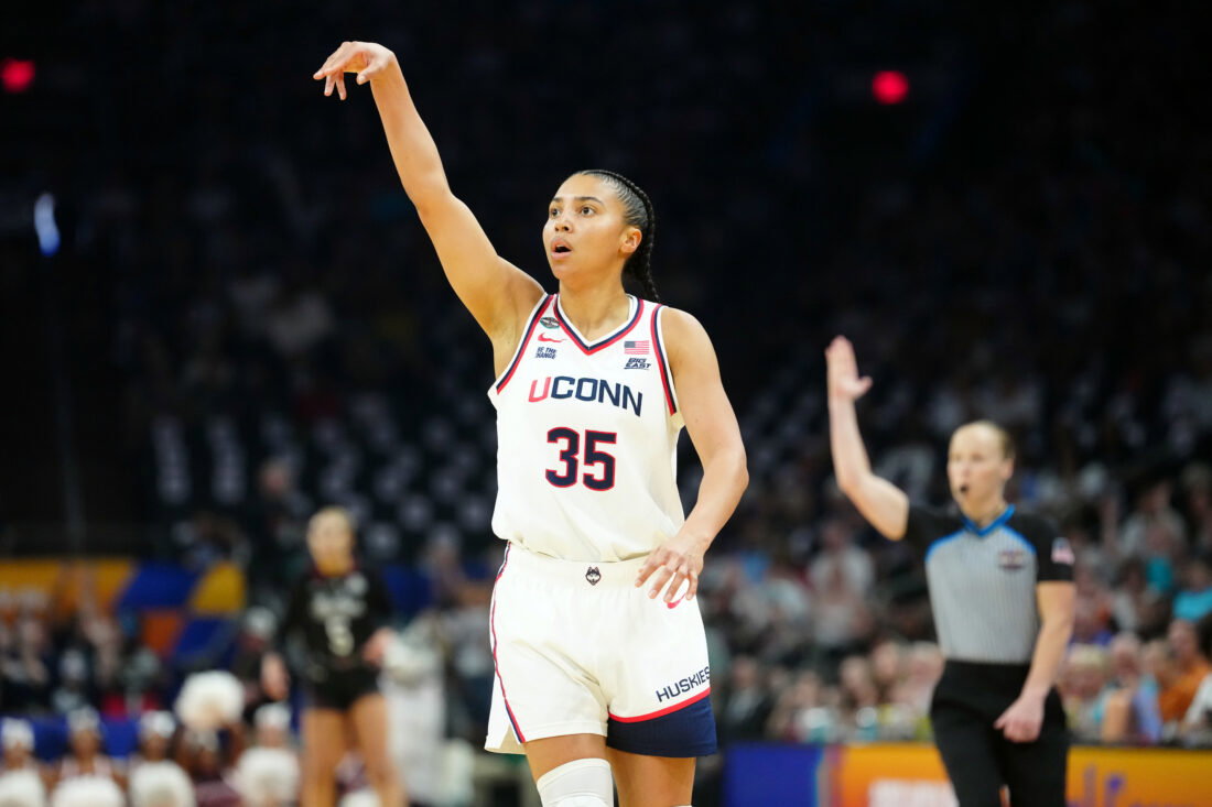 Apr 3, 2026; Phoenix, AZ, USA; UConn Huskies guard Azzi Fudd (35) reacts in the first quarter against the South Carolina Gamecocks during a semifinal of the Final Four of the women's 2026 NCAA Tournament at Mortgage Matchup Center. Mandatory Credit: Kirby Lee-Imagn Images