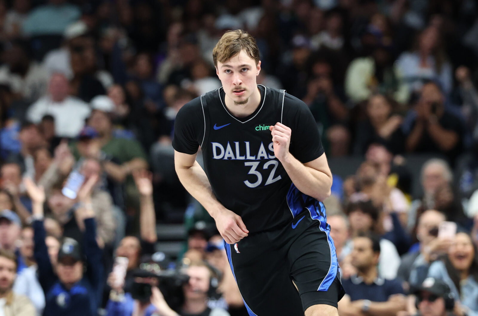Apr 5, 2026; Dallas, Texas, USA; Dallas Mavericks forward Cooper Flagg (32) reacts after scoring against the Los Angeles Lakers during the second half at American Airlines Center. Mandatory Credit: Kevin Jairaj-Imagn Images