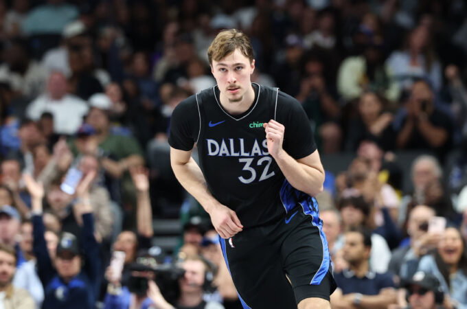 Apr 5, 2026; Dallas, Texas, USA; Dallas Mavericks forward Cooper Flagg (32) reacts after scoring against the Los Angeles Lakers during the second half at American Airlines Center. Mandatory Credit: Kevin Jairaj-Imagn Images