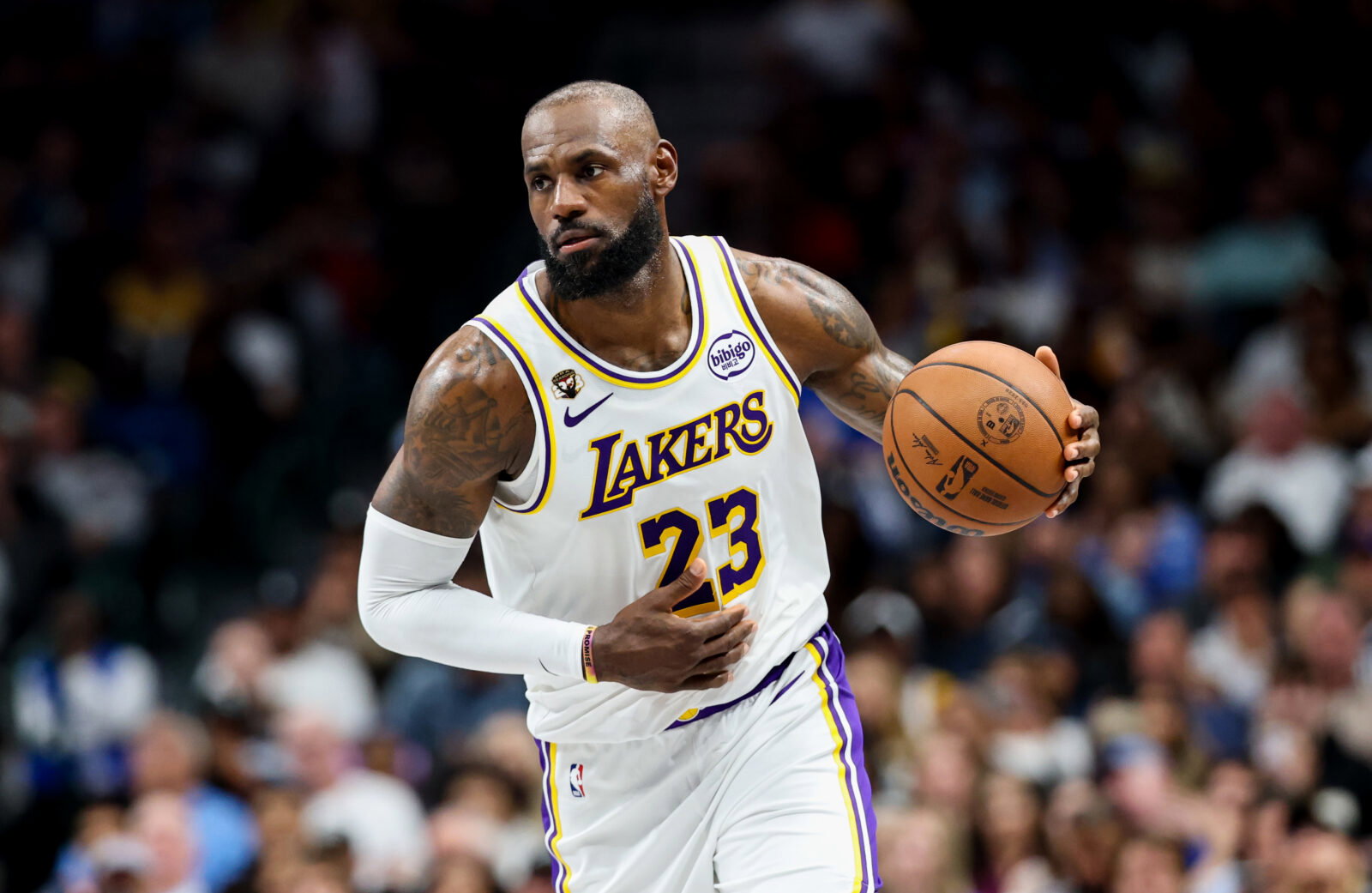 Apr 5, 2026; Dallas, Texas, USA; Los Angeles Lakers forward LeBron James (23) controls the ball against the Dallas Mavericks during the second half at American Airlines Center. Mandatory Credit: Kevin Jairaj-Imagn Images