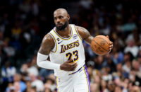 Apr 5, 2026; Dallas, Texas, USA; Los Angeles Lakers forward LeBron James (23) controls the ball against the Dallas Mavericks during the second half at American Airlines Center. Mandatory Credit: Kevin Jairaj-Imagn Images