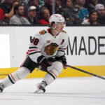 Apr 6, 2026; San Jose, California, USA; Chicago Blackhawks center Connor Bedard (98) looks for the puck against the San Jose Sharks in the first period at SAP Center at San Jose. Mandatory Credit: David Gonzales-Imagn Images