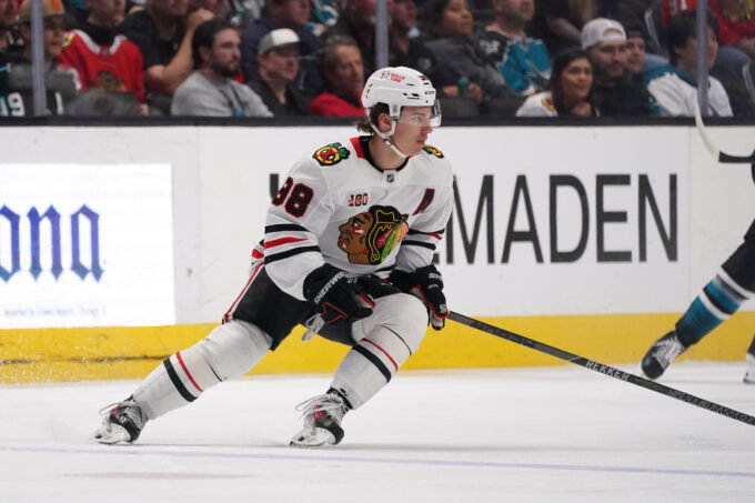 Apr 6, 2026; San Jose, California, USA; Chicago Blackhawks center Connor Bedard (98) looks for the puck against the San Jose Sharks in the first period at SAP Center at San Jose. Mandatory Credit: David Gonzales-Imagn Images