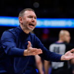 Apr 6, 2026; Denver, Colorado, USA; Denver Nuggets head coach David Adelman reacts after a call in the fourth quarter against the Portland Trail Blazers at Ball Arena. Mandatory Credit: Isaiah J. Downing-Imagn Images