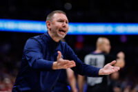 Apr 6, 2026; Denver, Colorado, USA; Denver Nuggets head coach David Adelman reacts after a call in the fourth quarter against the Portland Trail Blazers at Ball Arena. Mandatory Credit: Isaiah J. Downing-Imagn Images