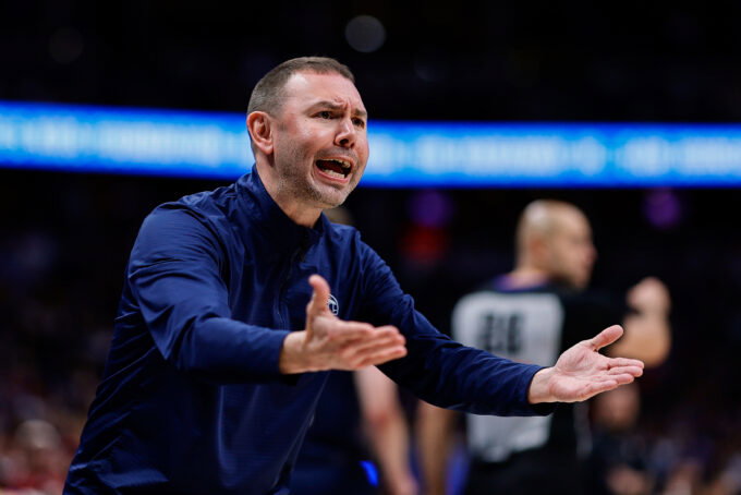 Apr 6, 2026; Denver, Colorado, USA; Denver Nuggets head coach David Adelman reacts after a call in the fourth quarter against the Portland Trail Blazers at Ball Arena. Mandatory Credit: Isaiah J. Downing-Imagn Images