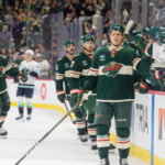 Apr 7, 2026; Saint Paul, Minnesota, USA; Minnesota Wild center Joel Eriksson Ek (14) celebrates after scoring an empty net goal against the Seattle Kraken in the third period at Grand Casino Arena. Mandatory Credit: