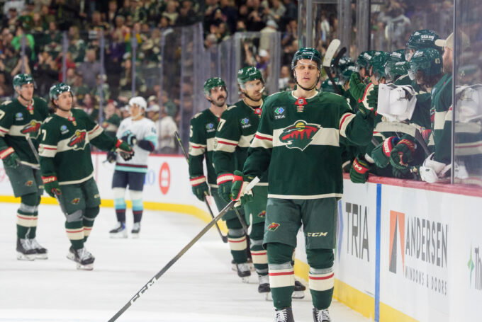 Apr 7, 2026; Saint Paul, Minnesota, USA; Minnesota Wild center Joel Eriksson Ek (14) celebrates after scoring an empty net goal against the Seattle Kraken in the third period at Grand Casino Arena. Mandatory Credit: